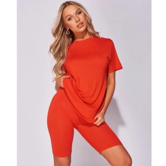 Orange Short Sleeve Top T-Shirt and Biker Shorts Two Piece Set - Picture 6 of 10